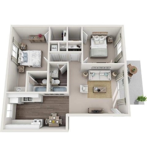 Floor plan for 2 beds, 2 baths, 958 sqft